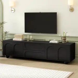 ON-TREND Cream Style TV Stand with Arched Doors & 2 Drawers for TVs up to 75", Minimalist Media Console with Rebound Device, Entertainment Center with 5 Iron Round Legs for Living Room, Bedroom, Black