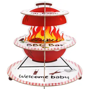 3-Tier Paper Cake Stand for BBQ Baby Shower - Cupcake Tower for 8-12 Cupcakes - Perfect for Birthday, Picnic, and Party Decoration Supplies , Print Circle Ornaments
