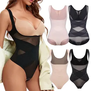 Womenswear Contrast Mesh Comfort Thong Design Shapewear Bodysuit, High Stretch U Neck Tummy Control Shapewear , Ladies Body Shapewear for Daily Wear, Garment , Mesh Thong Bodysuit Shapewear for Women Waist Trainer Butt Lifter Briefs Jumpsuit Tops