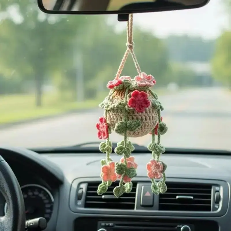 Cute Crochet Flower Hanging Plant, Car Hanger Ornament, Car Accessories, Beautiful Rearview Mirror Decoration, Handmade Car Interior Gift for Men and Women, Car Interior Accessory, Car Ornament, Car Decorations, Car Interior Ornaments