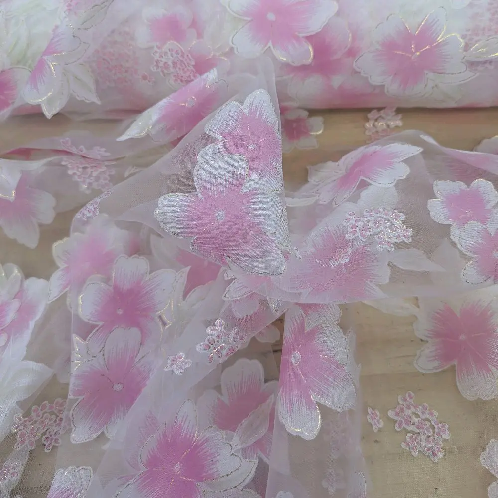 Organza with Pink Flowers - Fabric by the yard