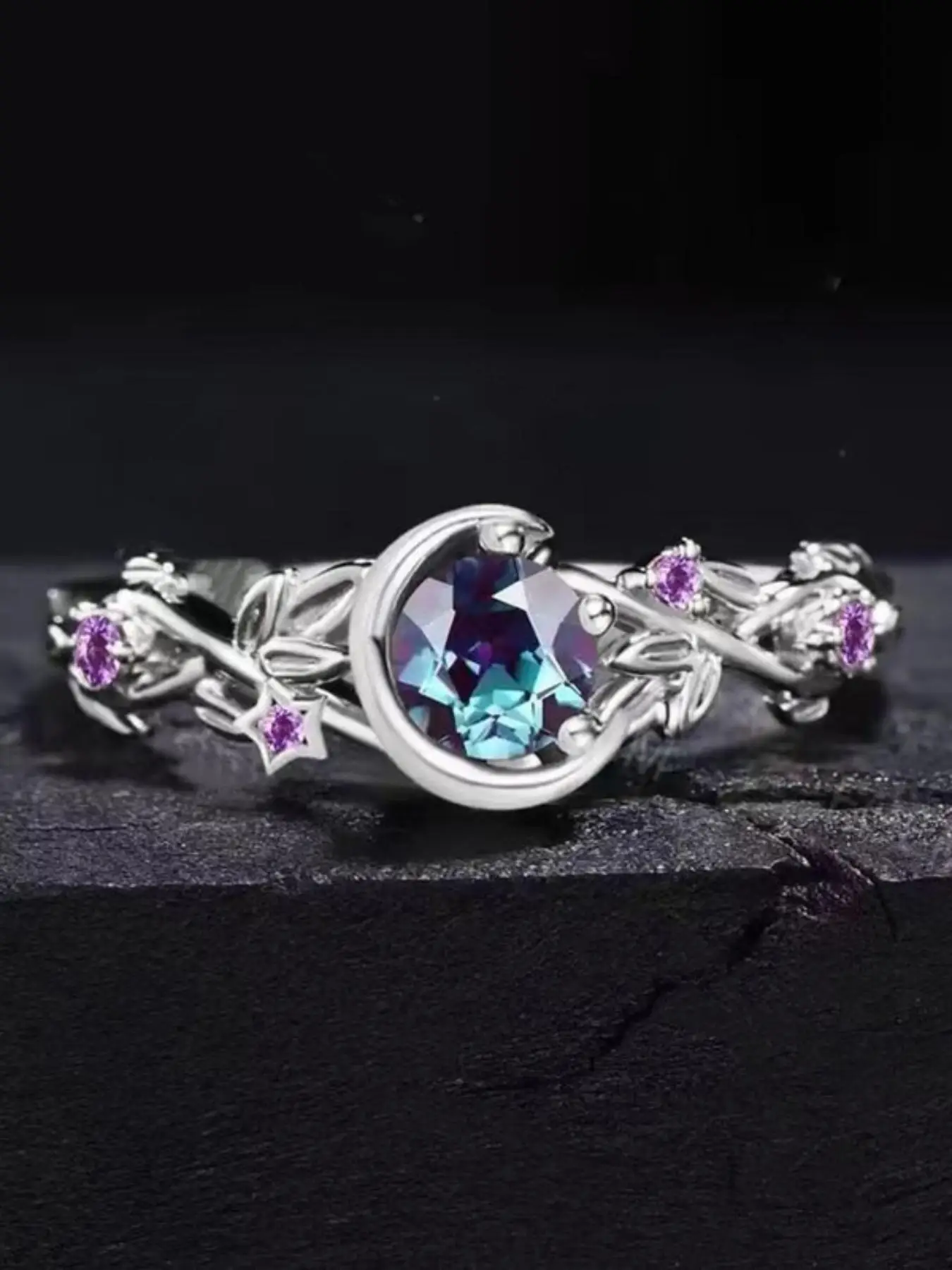 Elegant Artificial Zircon Decorated Ring, Hollow out Flower & Moon Design Ring for Women, Fashion Jewelry for Party, Daily Clothing Decor, Trendy All-