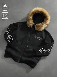 Cozy Faux-Fur Hoodie: Long sleeves, Loose black zip-up style with clean white line print slogans, fleece-lined, super warm—perfect for winter streetwear! Bold signature design, plush hood = new must-have for cold winter