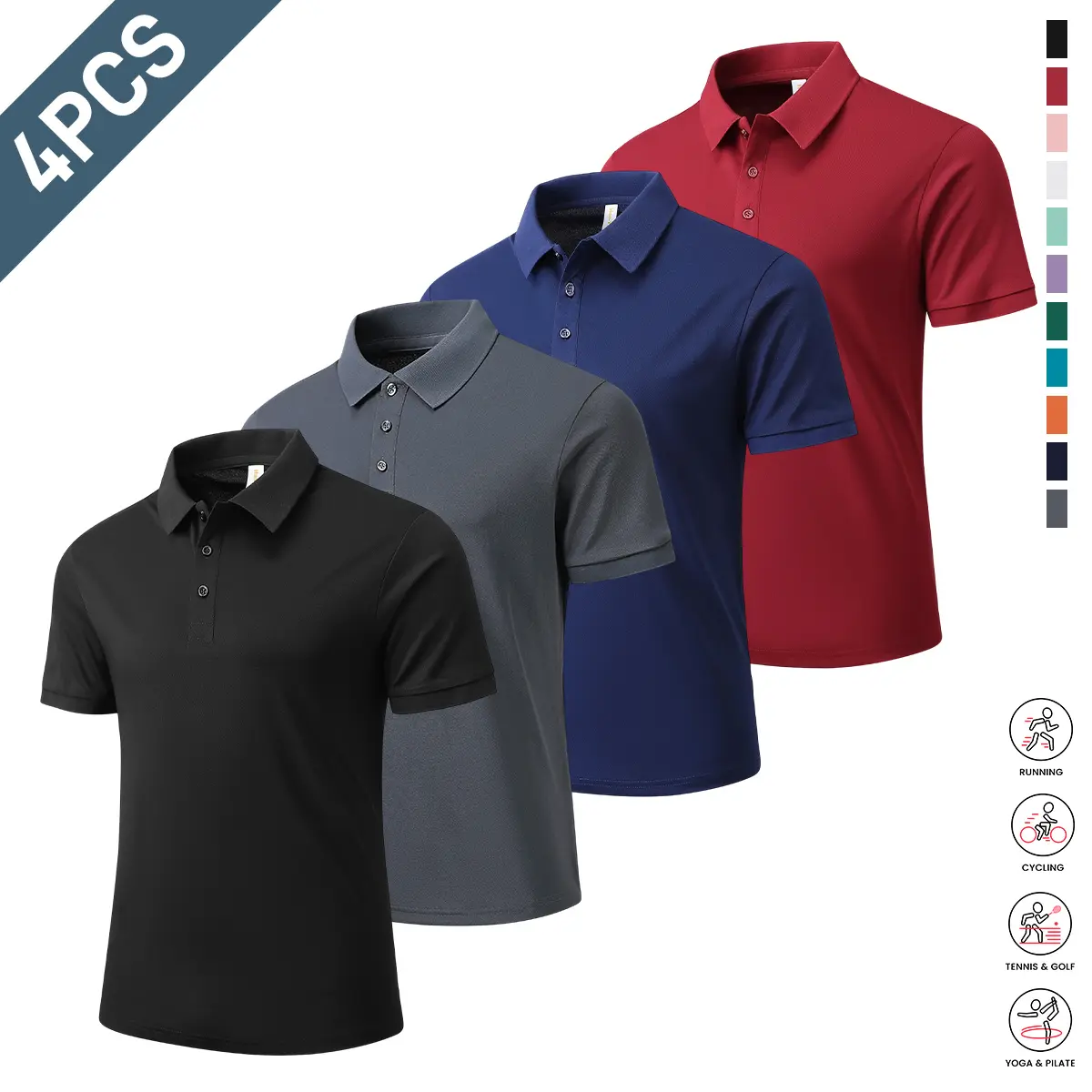 Set of 4 men’s golf polo shirts, breathable and durable, suitable for office, restaurant, or casual home wear, ideal for everyday activities.