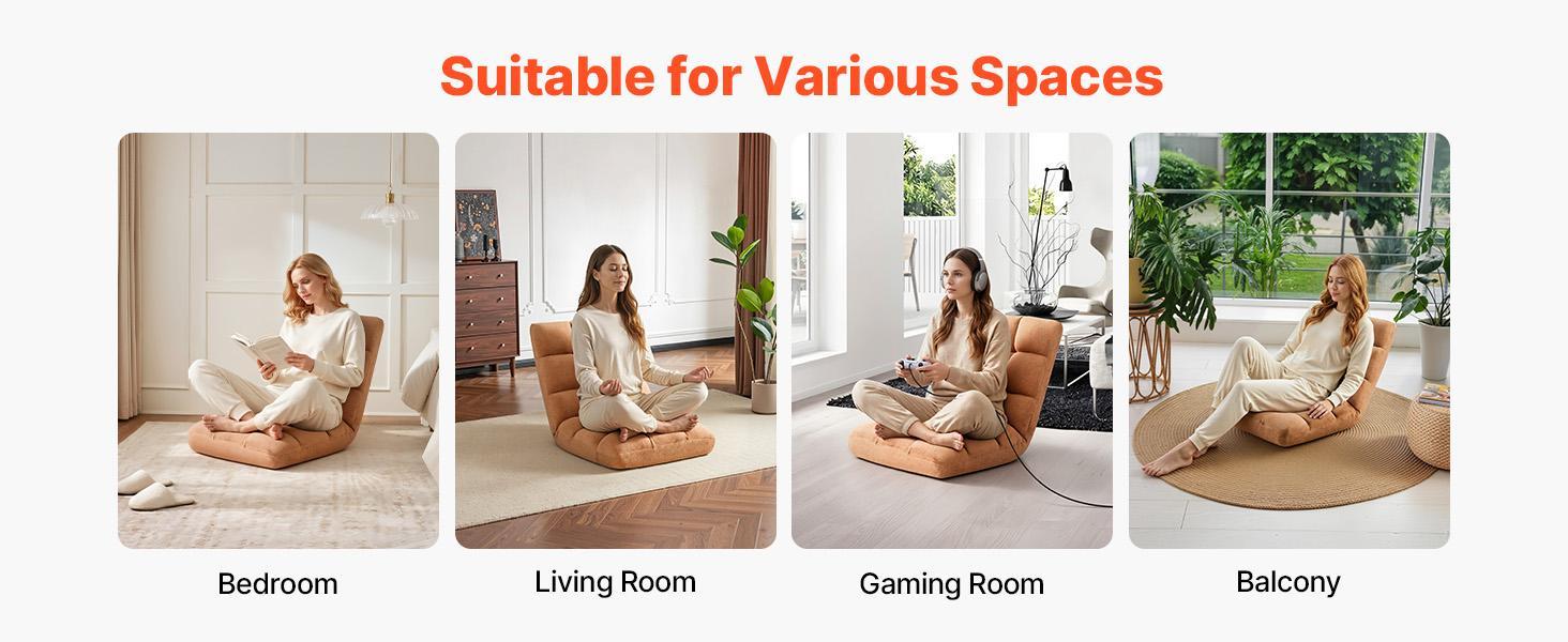 VEVOR Floor Chair, 14 Adjustable Positions Folding Floor Gaming Chair with Back Support, Sturdy Metal Frame with Recycled Foam and Coral Fleece Surface, Multifunctional for Reading, Relaxing, Brown