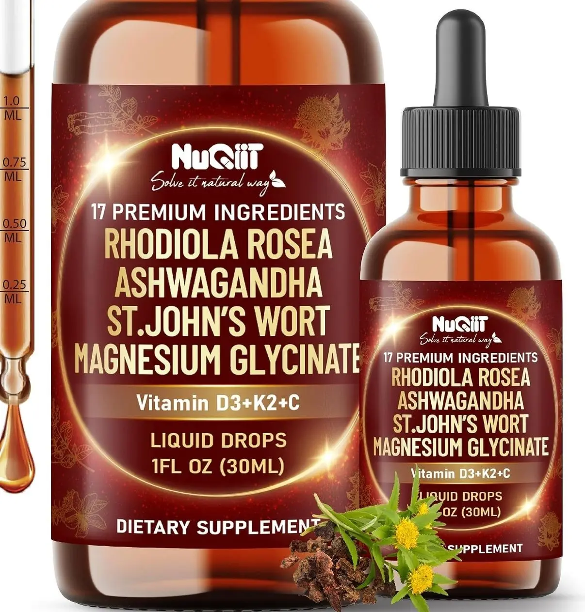 17in1 Rhodiola Rosea Liquid Drops Tincture w/Ashwagandha Magnesium, L-Theanine. Ultra Rhodiola Cortisol Supplement, Rhodiola Root for Mood, Energy - 1 FL Oz - 60 Day Supply