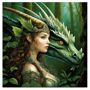 1pc DIY 50x50cm Dragon And Woman Mosaic Diamond Painting Fantasy Girl Wall Art For Home Decor Full Round Diamond Embroidery Cross Stitch Kits Crafts