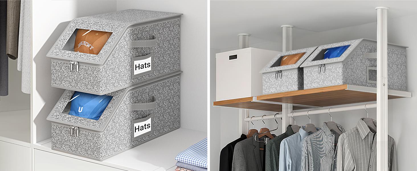 Transparent Stackable Cap Display Case, Dustproof Hat Storage Organizer with Cardboard Insert & Window, Modular Dad Hat Holder, Space-Saving Closet Slide for Men (Grey, Multiple Options Available), Box