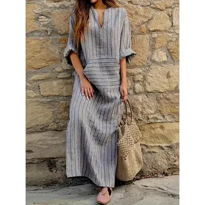 Women's 100% V-neck Loose Long Dress - Casual All-season Machine Washable Dress, Suitable for Casual Wear and Special Occasions