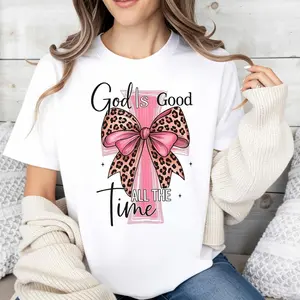 Casual Fashion Women's T-Shirt Religious Inspiration With Leopard Bow And Pink Cross Design For Everyday Wear And Spring Autumn Season Perfect Gift For Faithful Friends And Family Members