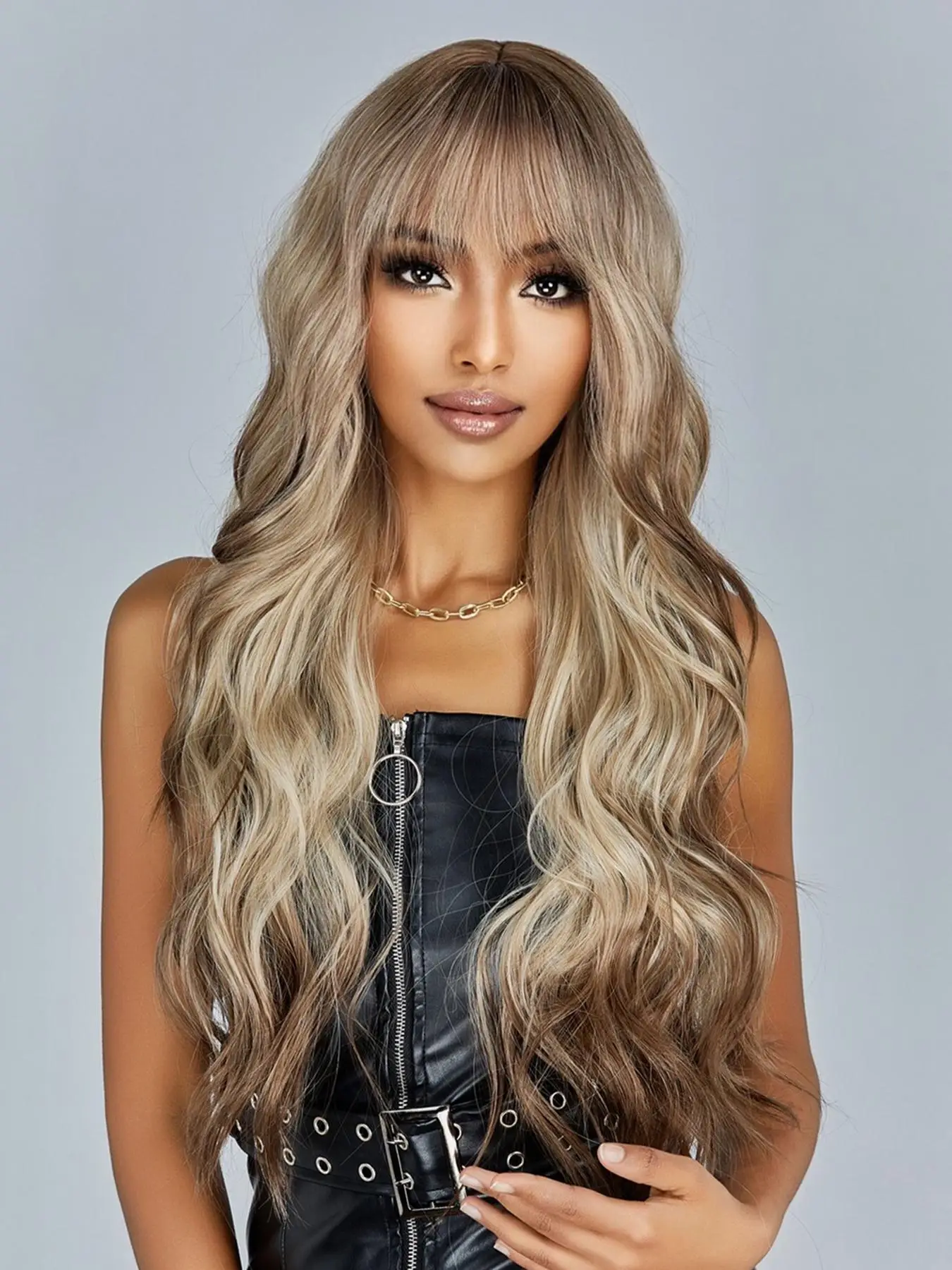 26 Inch Long Brown Mixed Blonde Curly Wigs For Women, Gorgeous Fluffy Wigs With Bangs, Synthetic Full Machine Wigs For Party, Daily Use