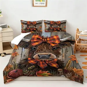 2/3Pcs Cute Highland Cow Printed Quilt Set, Comfortable and Breathable Bedding Set (1 ​Comforter, 1/2 Pillowcase, without Pillow Core), Quilted Design, Perfect for Bedroom, Dormitory, and Theme Hotel Decoration