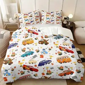 Kids Classic Cartoon Race Car Pattern Duvet Cover Set,Cars Bus Print Bedding Set,Includes 1 Duvet Cover and 1-2 Unfilled Pillowcases,with Lightning McQueen, Mater & All Radiator Springs Characters,for Kids Bedroom,Dorm & Playroom Decor