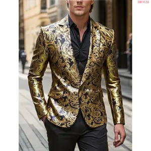 Bmuvlss Men's Golden Paisley Graphic Print Blazer - Casual One Button Lapel Suit Jacket - Polyester Blend - For Spring Fall - Suitable for Business Banquets, Parties, Outdoor Events - Perfect Gift for Men