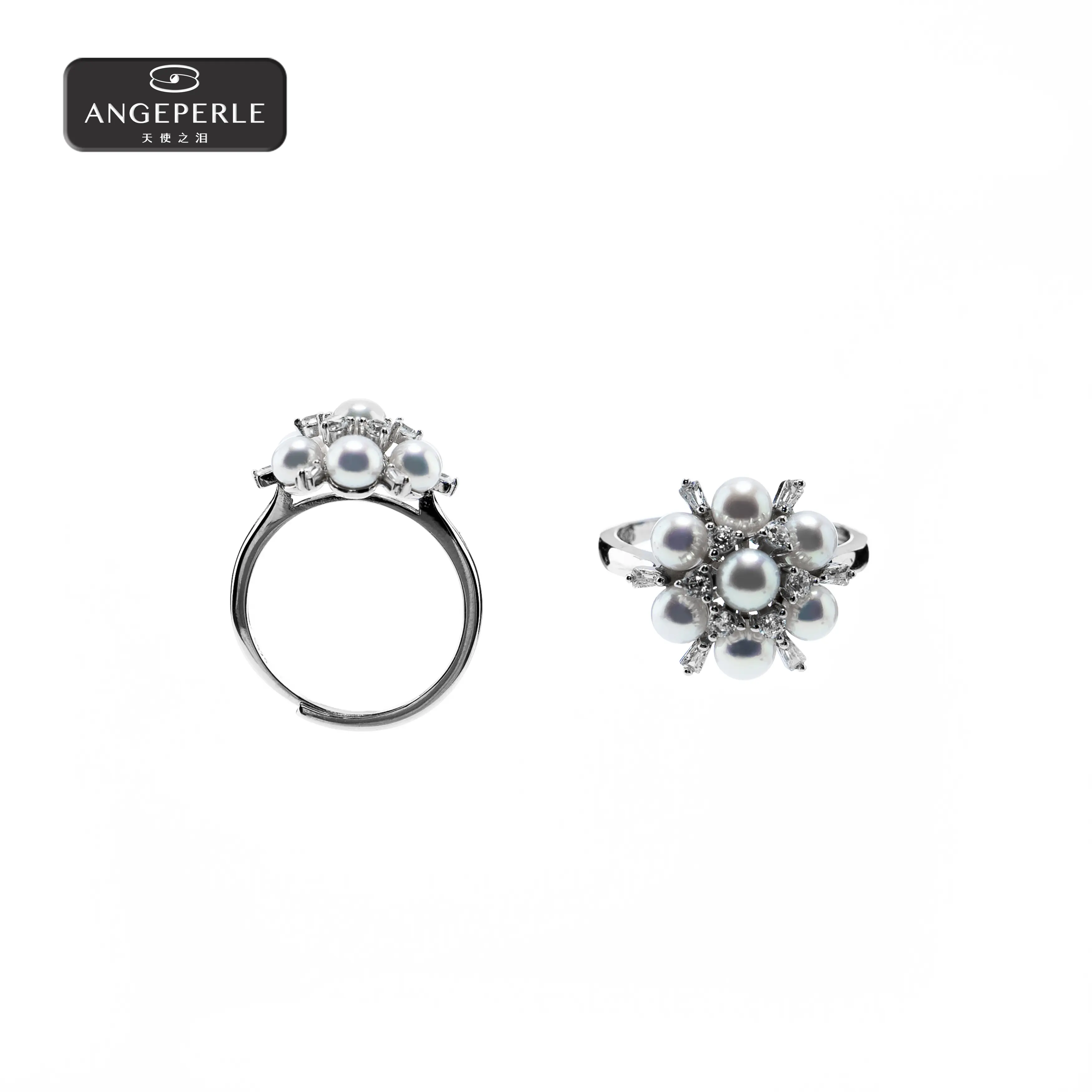 ANGEPERLE S925 Sterling Silver Freshwater Pearl and Gablily Pearl Hydrangea Ring 4-5mm TSSLF218