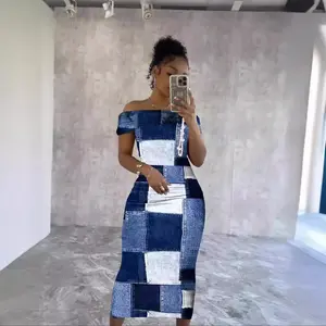 summer spring clothes 2025 new New American Women's Dress Wrapped Chest One Line Shoulder Imitation Denim Block Printed Long Dress Casual Womenswear