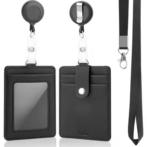 PU Leather ID Badge Holder with Lanyard, Black Adjustable Scroll Clip, Multiple Card Slots with Leather Snap Closure, for Office Workers, Doctors, Teachers