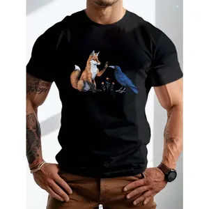 [100% Cotton] Men'S T-Shirt With Fox & Crow Graphic - Casual Short Sleeve, Crew Neck Tee For Summer - Machine Washable T-Shirt For Men And Women