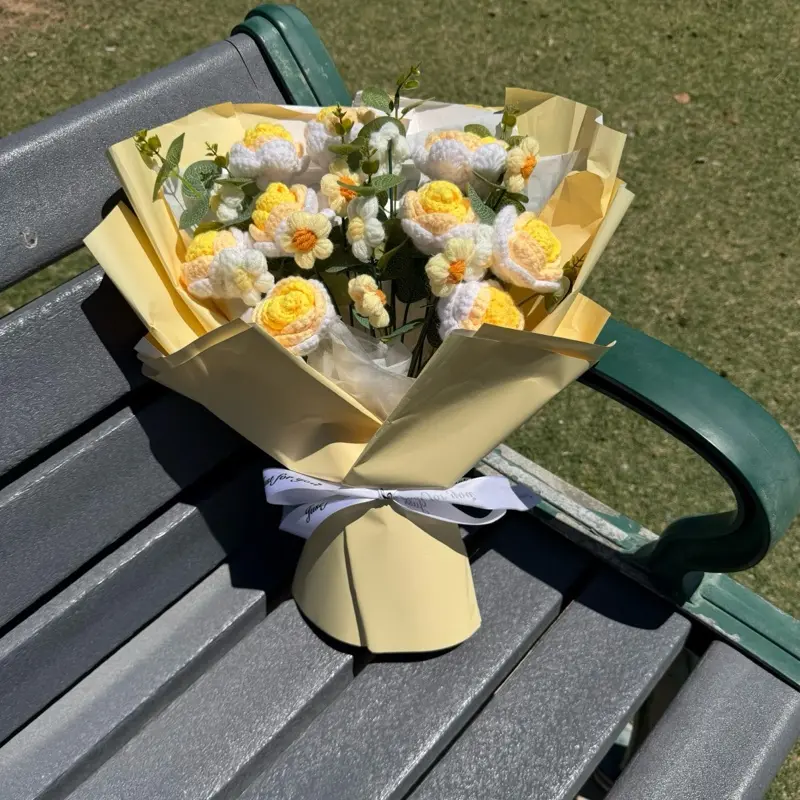 Luxury Crochet Yellow Roses & White eternal Bouquet