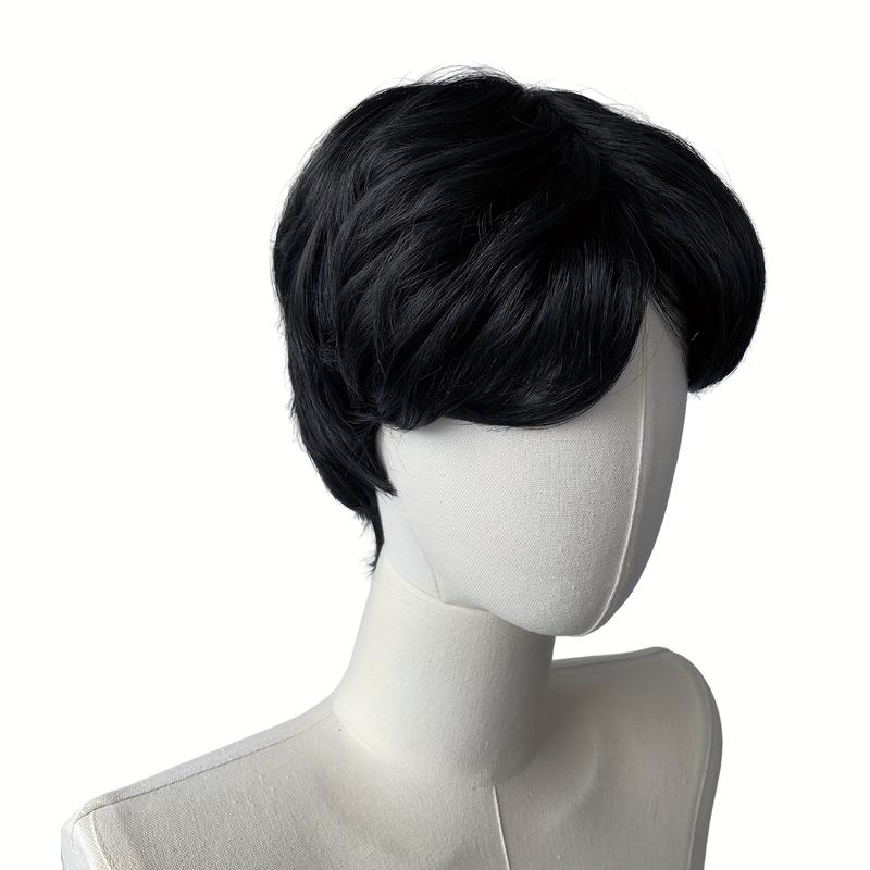 Men's Natural Straight Wig - Matte Black Brown with Elastic Mesh Cap for a Secure Fit, Suitable for Cosplay, Theatrical Performances, and Everyday Use - Compatible with All Light Beige Shades - Specially Crafted in Europe, Easy-to-Wear Wig for Beginners