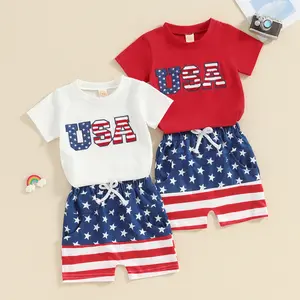 Kids Toddler Baby Boys 4th of July Outfits Set USA Short Sleeve T-Shirt Tops Stars Stripes Shorts Toddler Independence Day Clothes 0-4T