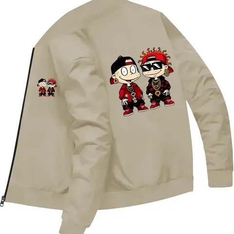 Men's Cartoon-Print Baseball Jacket, Streetwear Outerwear, Long Sleeve, Trendy Casual Streetwear