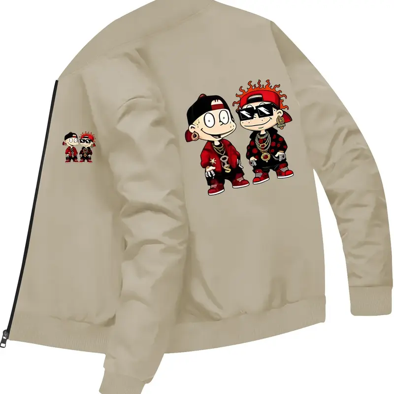 Men's Cartoon-Print Baseball Jacket, Streetwear Outerwear, Long Sleeve, Trendy Casual Streetwear
