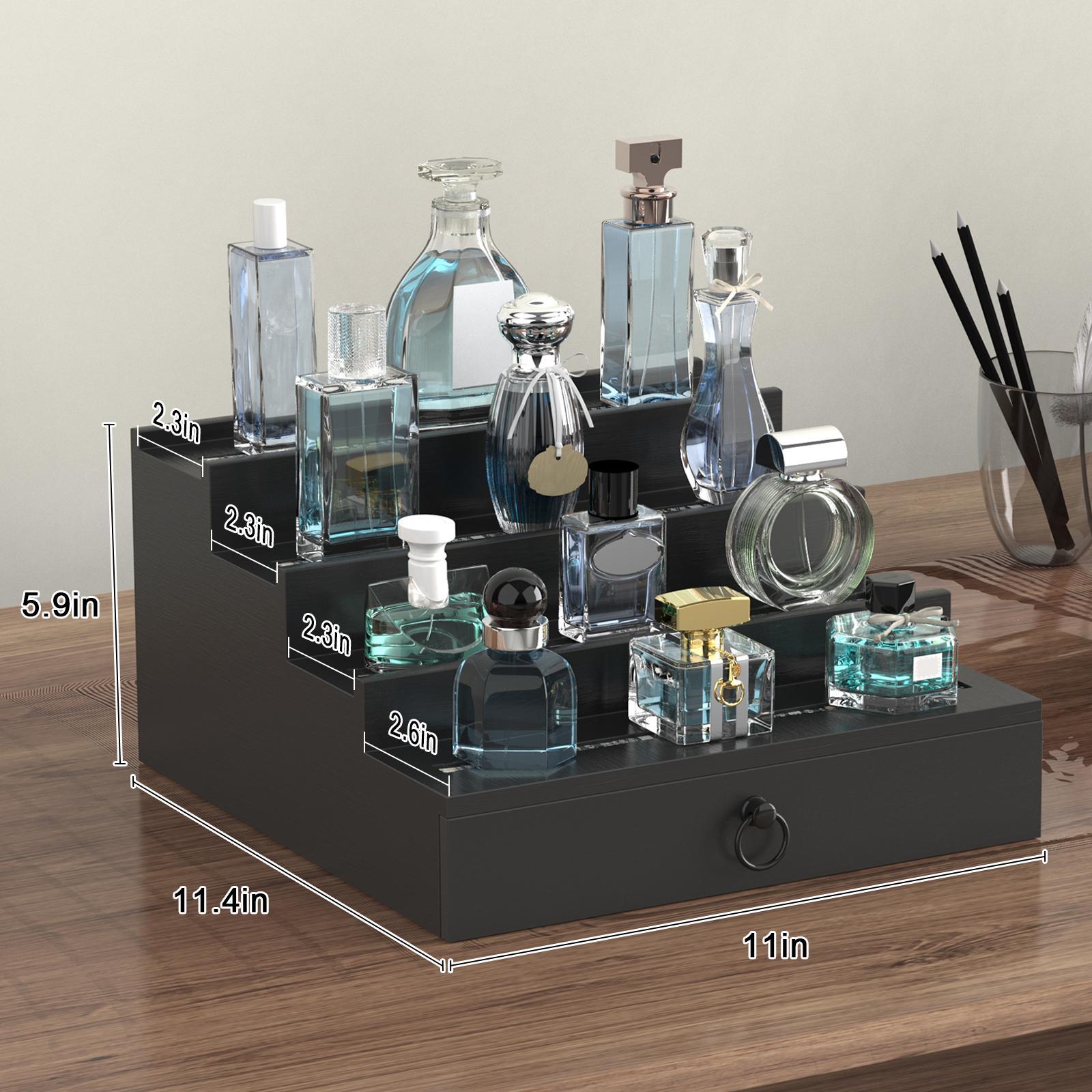 LED Illuminated 4-Tier Display Shelf – Stylish Perfume, Dessert & Aromatherapy Organizer for Vanity, Dresser & Countertop Three-Tier Wooden Cologne