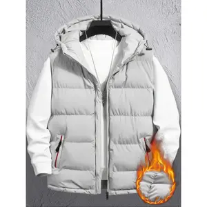 Men's Casual Hooded Vest Jacket, Zipper Sleeve Down Coat, Winter Outdoor Leisure Bubble Vest, Perfect Gift for Friends & Family