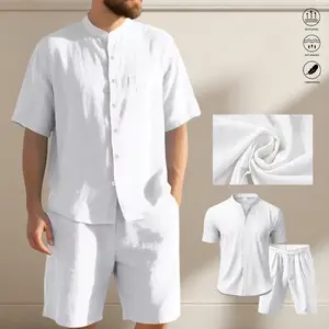 Men’s summer linen short-sleeve set: collared short-sleeve shirt + casual linen shorts, two-piece set. Quick-drying, breathable, moisture-wicking, wear-resistant. Suitable for home, sports, and outdoor activities. Available in multiple colors.