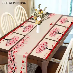 2D flat printing, 1 piece/4 pieces/6 pieces/5 pieces set/7 pieces set Valentine's Day heart-shaped tree table flag and household placemat set, suitable for indoor and outdoor, holiday table decoration, suitable for family gatherings and daily dining