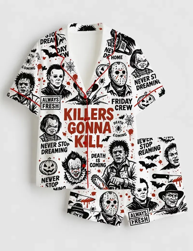 Retro Halloween Horror Movie Pajama Set for Women, Spooky Satin Sleepwear and Horror Fan Loungewear Breathable Fabric