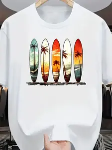 Crew neck short-sleeve T-shirt, retro surfing style. Creative print with five colorful surfboards embedded with tropical beach, palm trees and sunset scenery, full of summer island vacation vibe