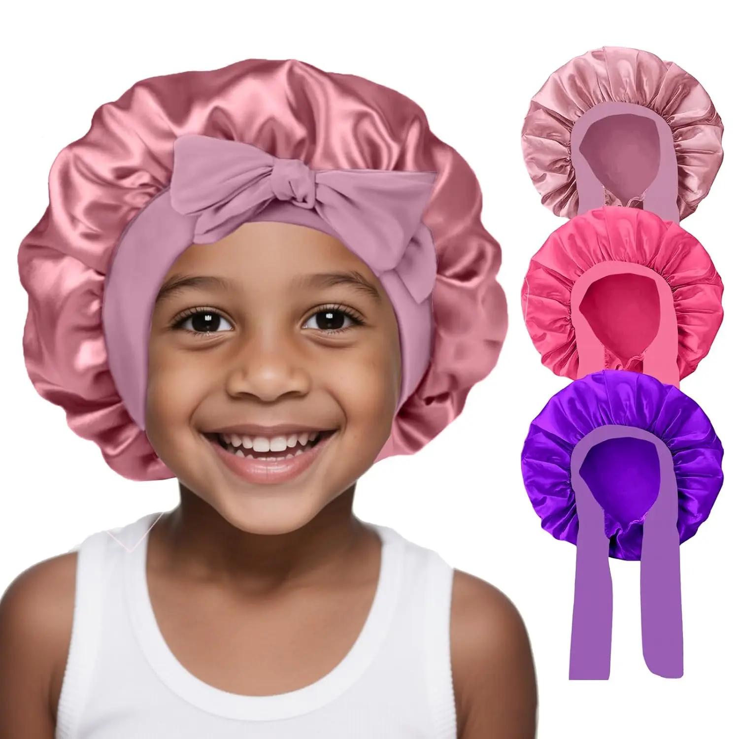 Sleeping-Baby Kids Satin Hair Bonnet for Curly Hair Girls Boys with Wide Sleeping