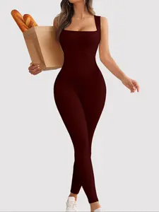 Women's Solid Square Neck Sports Jumpsuit, Casual Comfy Sleeveless Jumpsuit for Yoga Gym Workout, Ladies Sportswear for All Seasons, Sporty Comfy Jumpsuit