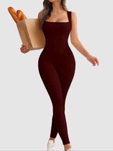 Women's Solid Square Neck Sports Jumpsuit, Casual Comfy Sleeveless   Jumpsuit for Yoga Gym Workout, Ladies Sportswear for All Seasons