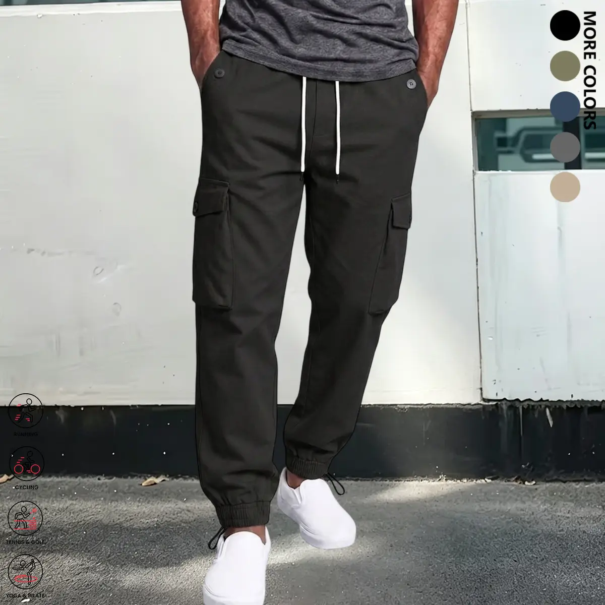 Men’s Plain Activewear Cargo Pants - American-Style Tapered Long Menswear Trousers, New Loose Fit, Multi-Pocket, Drawstring Waist, Lightweight Breathable, Suitable for Hiking, Everyday Casual Wear