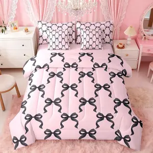 Black Bowknot Bed Set,in a Bag 7 Pcs,Princess Style Bow-tie Pink Black Bedding Set,Dreamy Fairy Tale Bow Crossed Patchwork Comforter with Fitted,Flat Sheet,Pillowcase,Pillow Covers