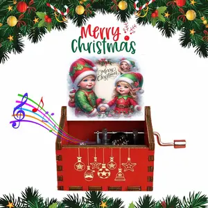 1pc Vintage Wooden Hand-Cranked Music Box, Festive Merry Christmas Greeting Elves pattern, Christmas Gift for Family and Friends, Ideal for Birthdays, Christmas gifts, New Year's gift, Home Decor