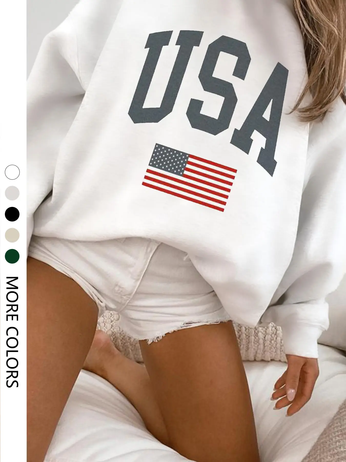 Women's USA Flag Print Fitted Pullover Sweatshirt, Womenswear, Casual Style Long Sleeve Crew Neck Sweatshirt for Fall & Winter, Fashion Ladies' Top for Daily Wear, Hoodie, Casual Soft Sweatshirt, Everyday Fabric