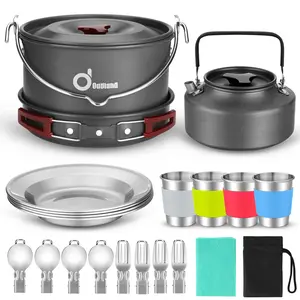 22pcs Camping Cookware Mess Kit, Large Size Hanging Pot Pan Kettle with Base Cook Set for 4, Cups Dishes Forks Spoons Kit for Outdoor Camping Hiking Picnic