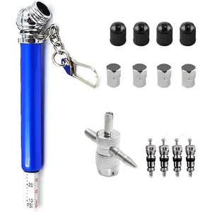 14Pcs Pencil Tire Pressure Gauge Valve Core Tool Kit,Including Tire Gauge Pencil, 4-1 Way Valve Tool, Schrader Valve Cores, Aluminum Valve Caps and Plastic Tire Caps