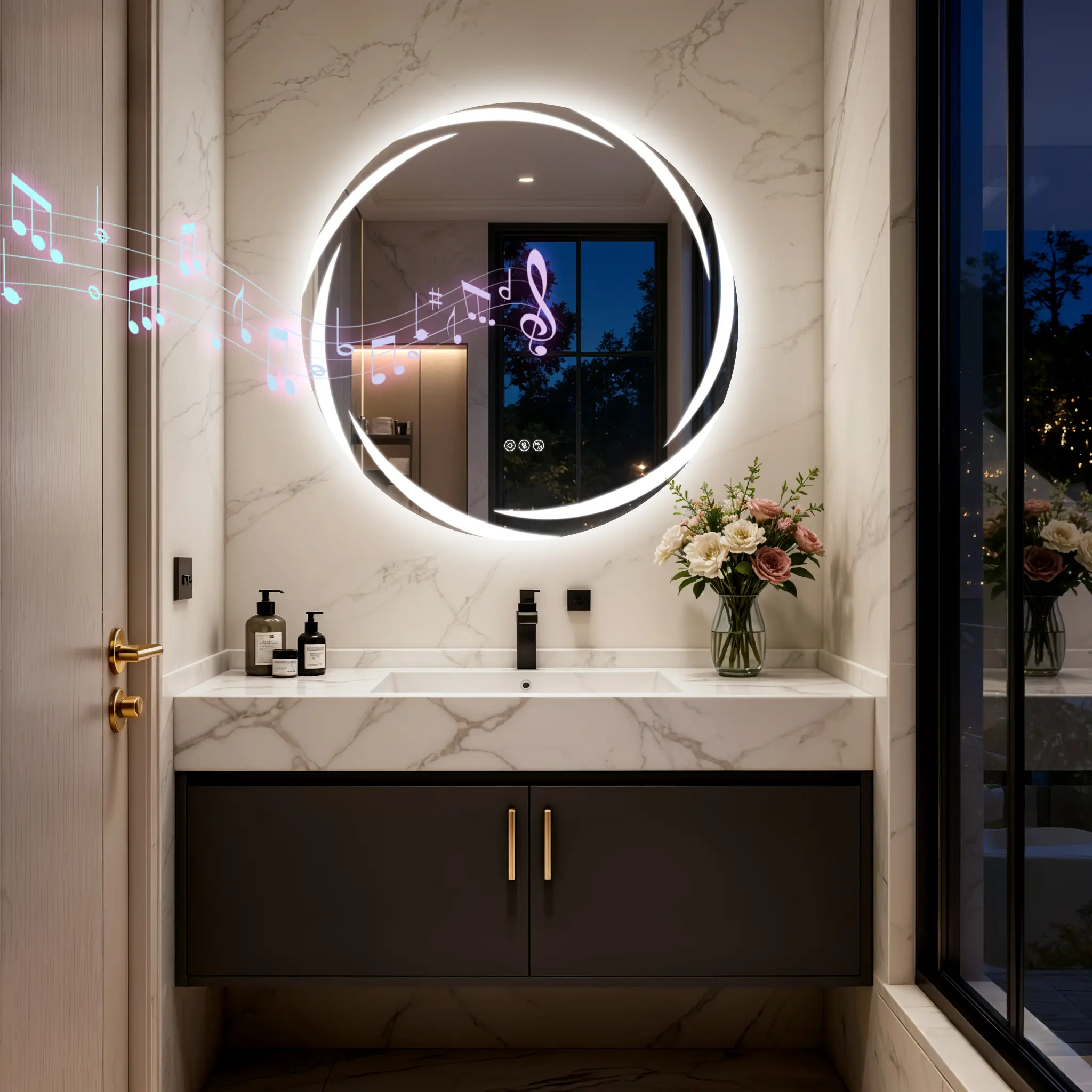 31.5 inch LED Bluetooth Bathroom Mirror with Speakers, Round Dimmable Lighted Vanity Mirror, 3 Color Temperatures, Anti-Fog, Memory, Wall Mounted