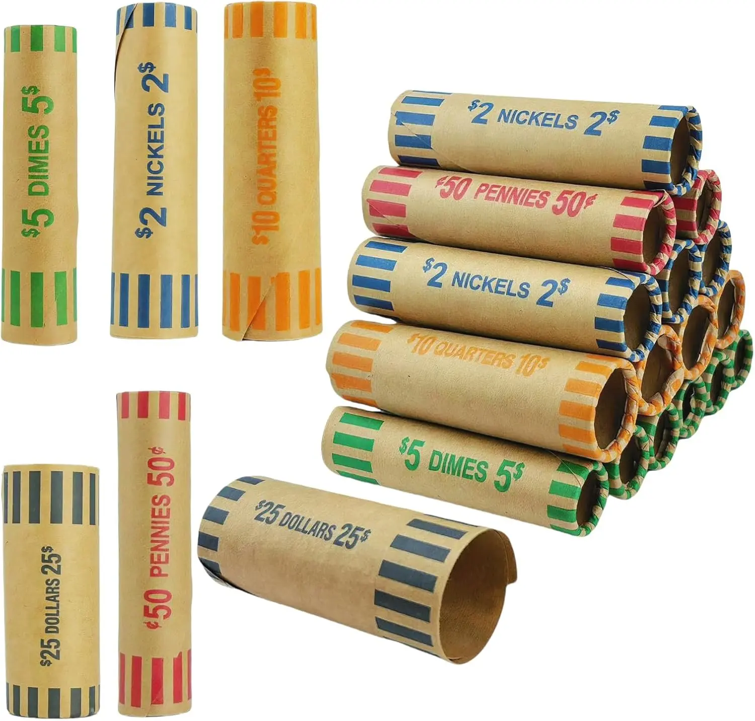 110 Coin Rolls Wrappers,Quarters Pennies Nickels Dimes Dollars Rollers