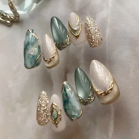 Cat Eye Irregular Gold Dipped Removable Nail Art, Ice Lake Crystal Rhinestone Light Luxury Wearable Nails, Women Girls Date Accessories, Salon Quality Nails, Almond Fake Nails, Glossy Fake Nails