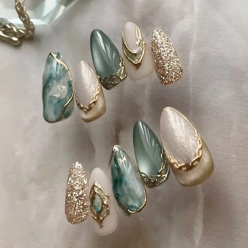 Cat Eye Irregular Gold Dipped Removable Nail Art, Ice Lake Crystal Rhinestone Light Luxury Wearable Nails, Women Girls Date Accessories, Salon Quality Nails, Almond Fake Nails, Glossy Fake Nails
