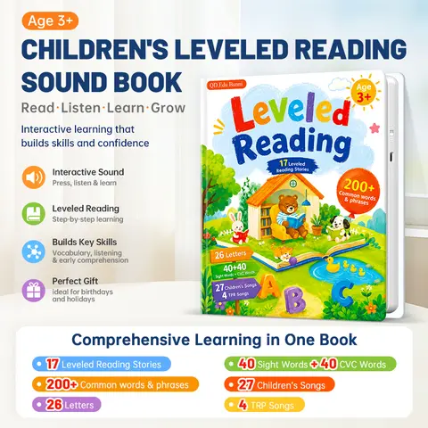 Children's Leveled Reading Sound Book for 3+ Kids - Waterproof Pages Educational Language Toy, 4TPR Songs, Toddler Learning Activities, Phonics, Correct Pronunciation, Literacy, 17 Learning Themes & 200+ Words, Screen-Free Birthday Gift