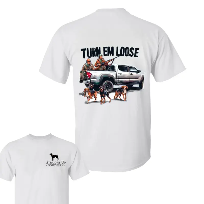 Men's Coonhound Hunter Graphic T-Shirt - Round Neck Short-Sleeve Menswear Tops, Stylish Southern 'Turn Em Loose' Print, Comfortable Fashion Fabric, Casual Streetwear, Hand Wash Only, Refer to Size Guide
