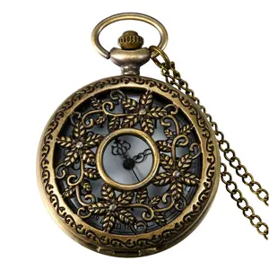 OIDEA Vintage Hollow Floral Vine 12/24H Dual Scale Numeric Dial Quartz Pocket Watch Sweater Necklace Unisex