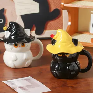 Magical Hat Cat Mug Halloween Creative Cute Ghost Design with Lid Ceramic Cup Couples Matching Mug Home Use